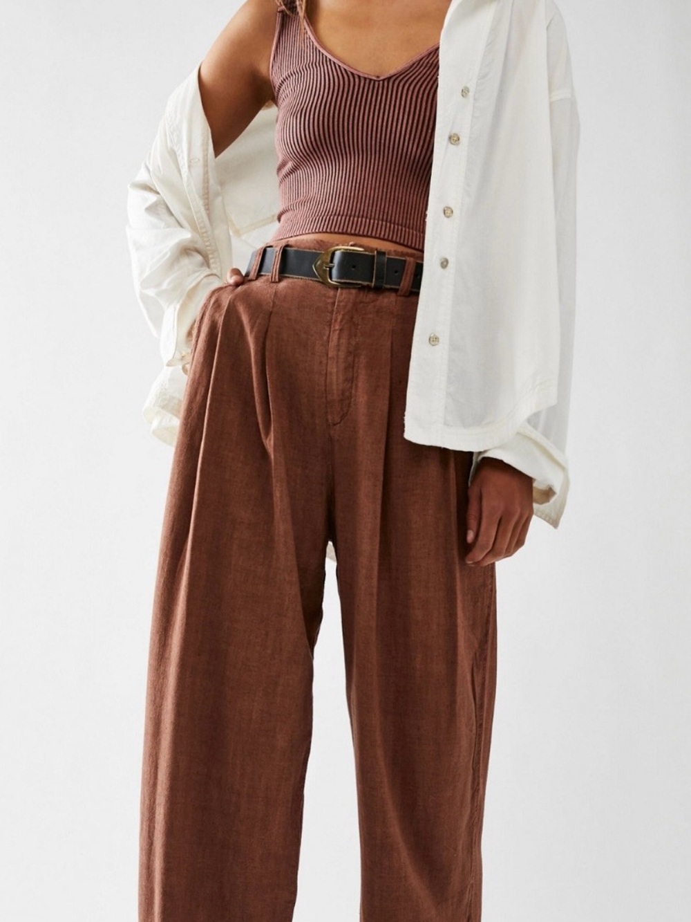 Free People Calla Pleated Trousers -Wide Leg Linen-Blend Pants in Chestnut Brown